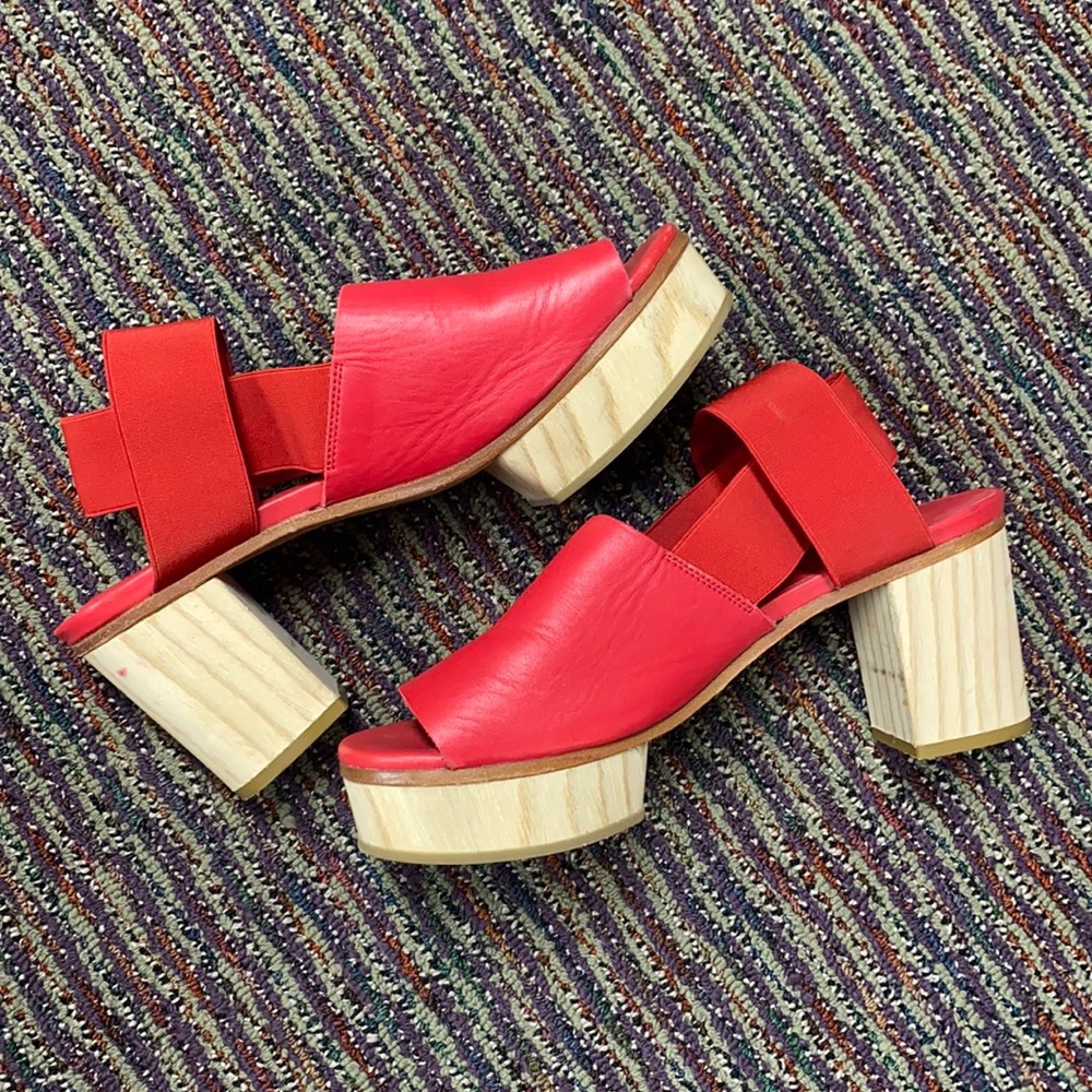 Red Cos leather sling back wood platforms